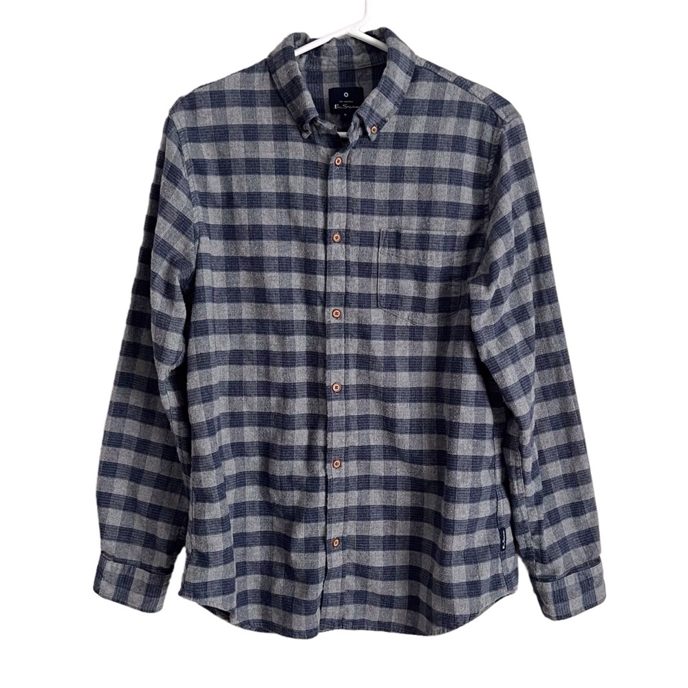 Ben Sherman Plaid Button Down Flannel Shirt Grey Navy Blue Preppy Men’s Medium